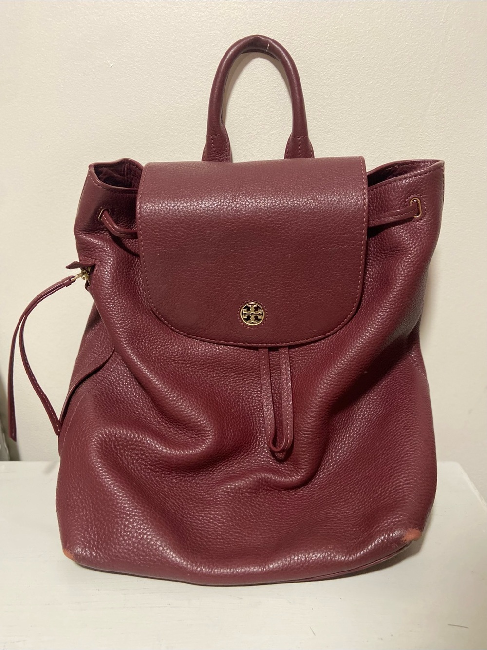 Tory Burch Maroon Pebbled Leather Backpack with Gold Logo